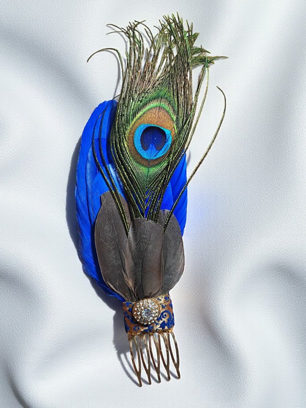 Rhinestone Peacock Feather Hair Comb, Feather Fascinator